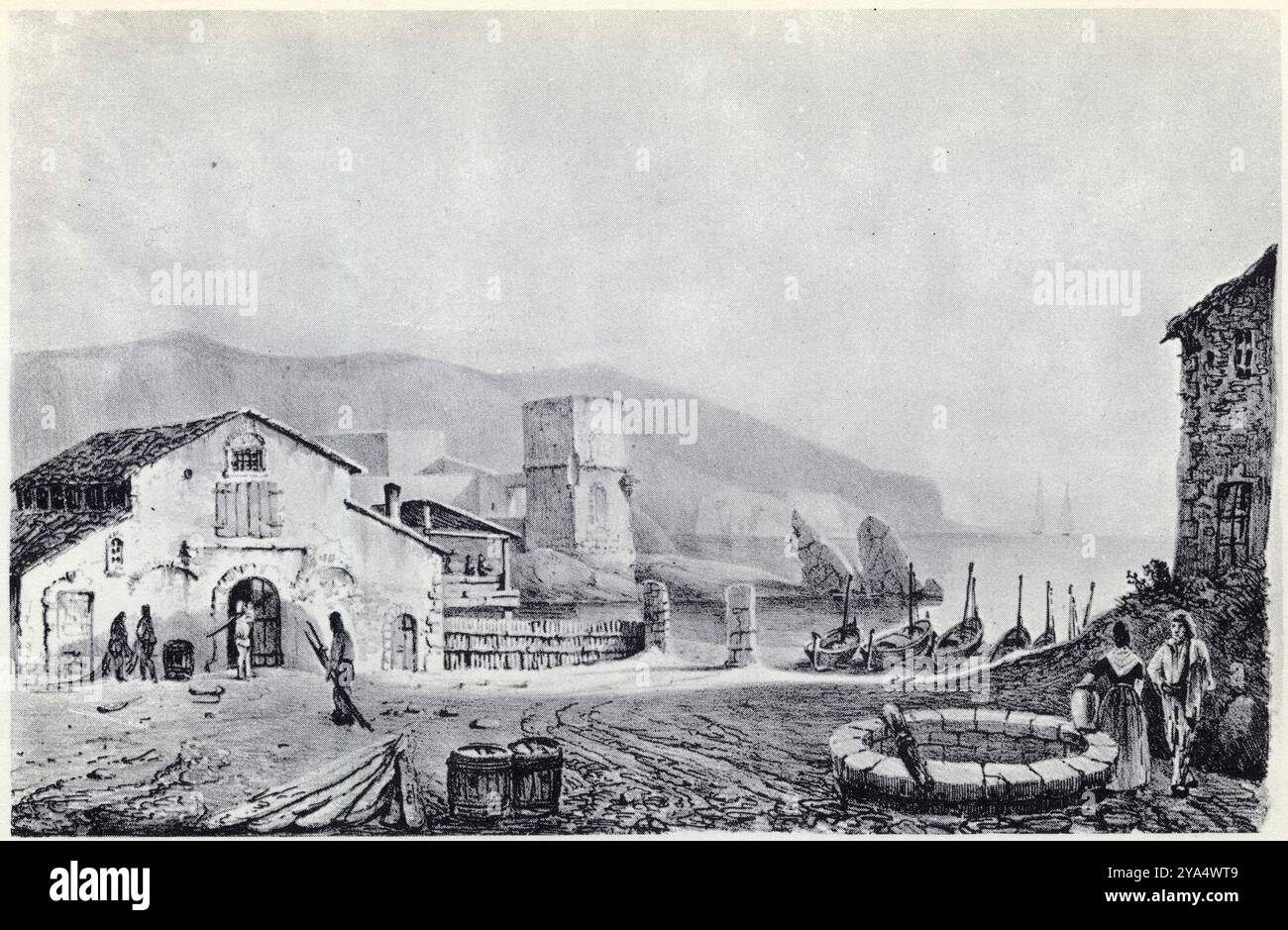 DUMAS. LE COMTE DE MONTE CRISTO. La baie des Catalans. Lithographie anonyme du début du XIXe siècle. Stockfoto