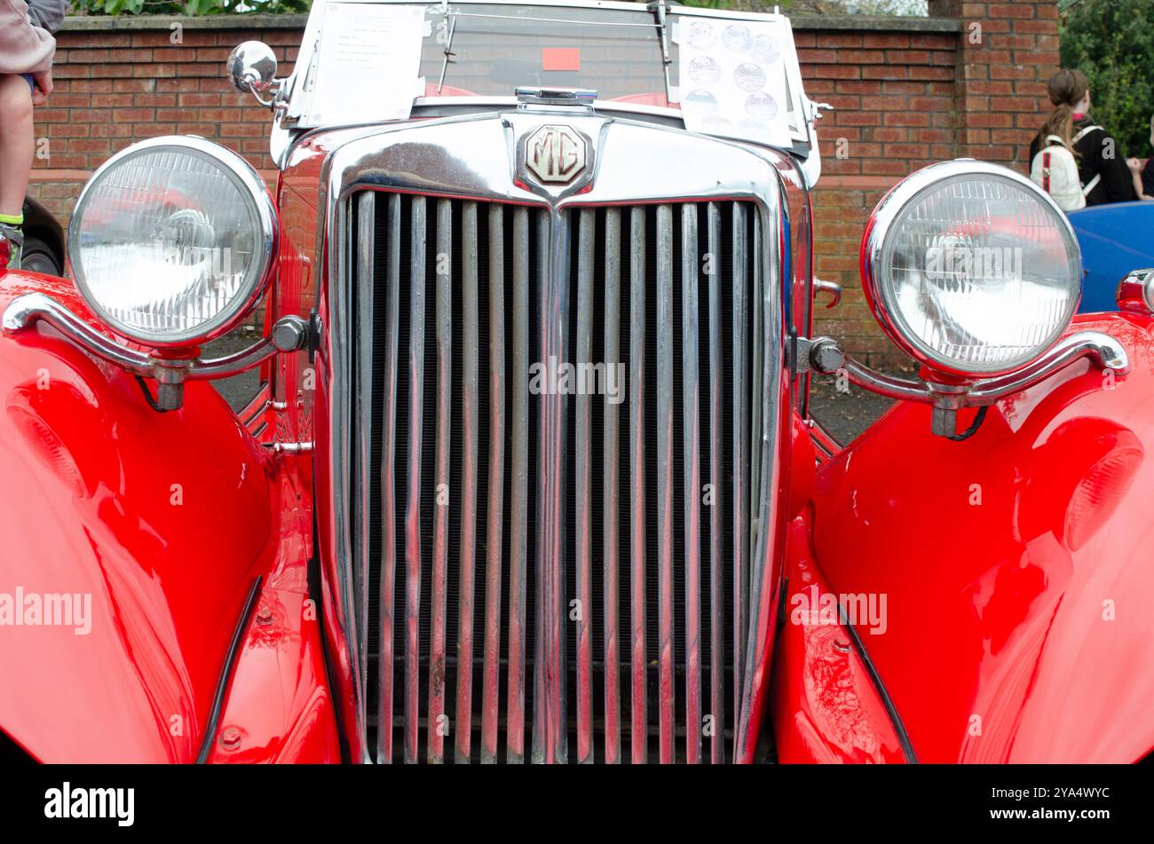 Carryduff County Down Nordirland 21. September 2024 – Vorderansicht des roten MG TD Roadsters mit zwei Spots und Chrom-Stoßfänger Stockfoto