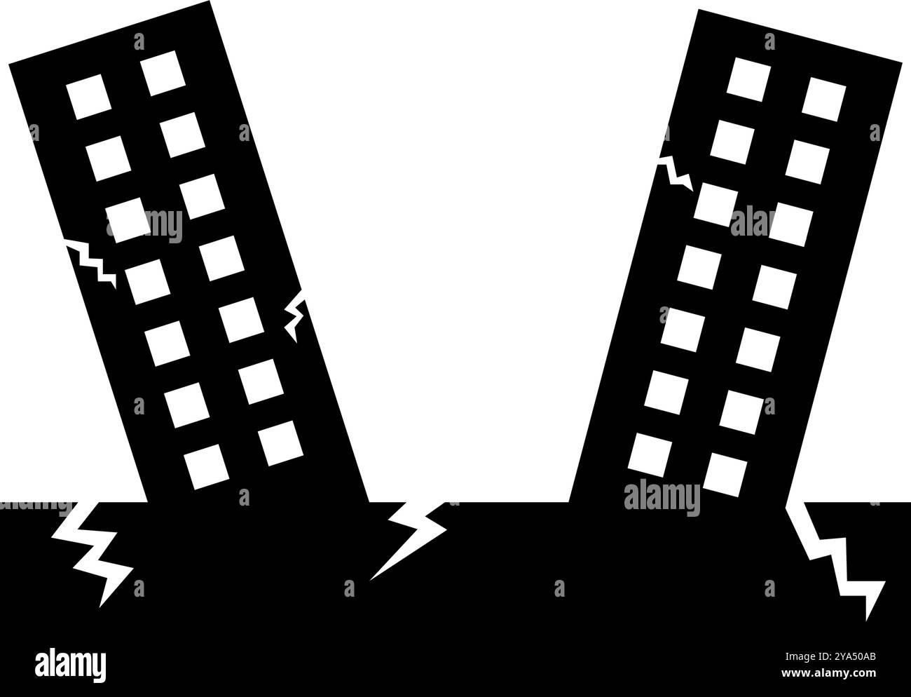 Stürzte Gebäude Nach Einem Schweren Erdbeben Silhouette Ein. Vektor. Stock Vektor