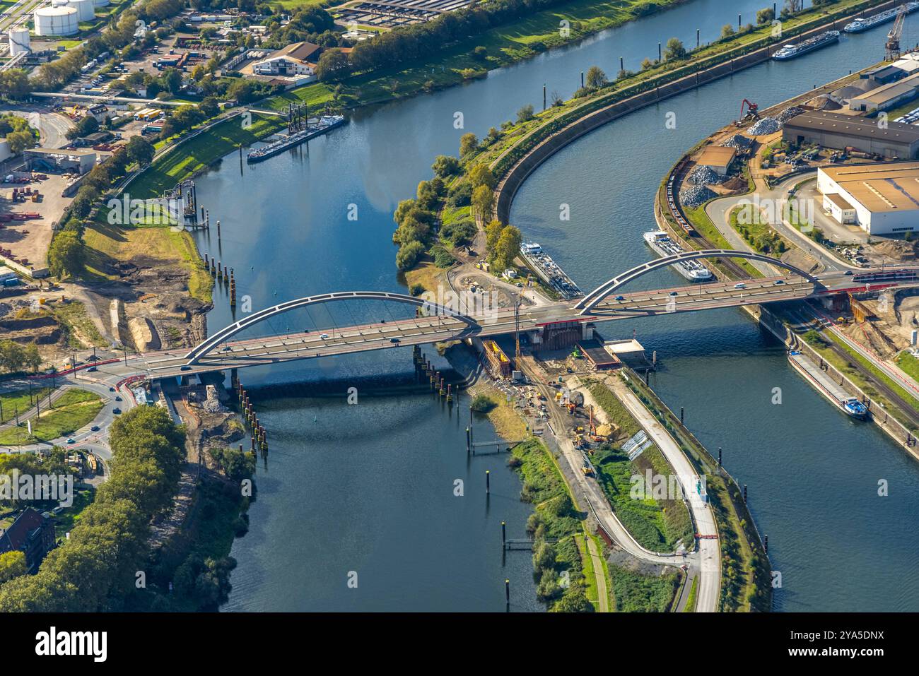 Luftbild, Karl-Lehr-Brücke im Duisburger Hafen, Baustelle, Neuenkamp, Duisburg, Ruhrgebiet, Nordrhein-Westfalen, Deutschland ACHTUNGxMINDESTHONORARx60xEURO *** Luftaufnahme, Karl-Lehr-Brücke im Duisburger Hafen, Baustelle, Neuenkamp, Duisburg, Ruhrgebiet, Nordrhein-Westfalen, Deutschland ATTENTIONxMINDESTHONORARx60xEURO Stockfoto