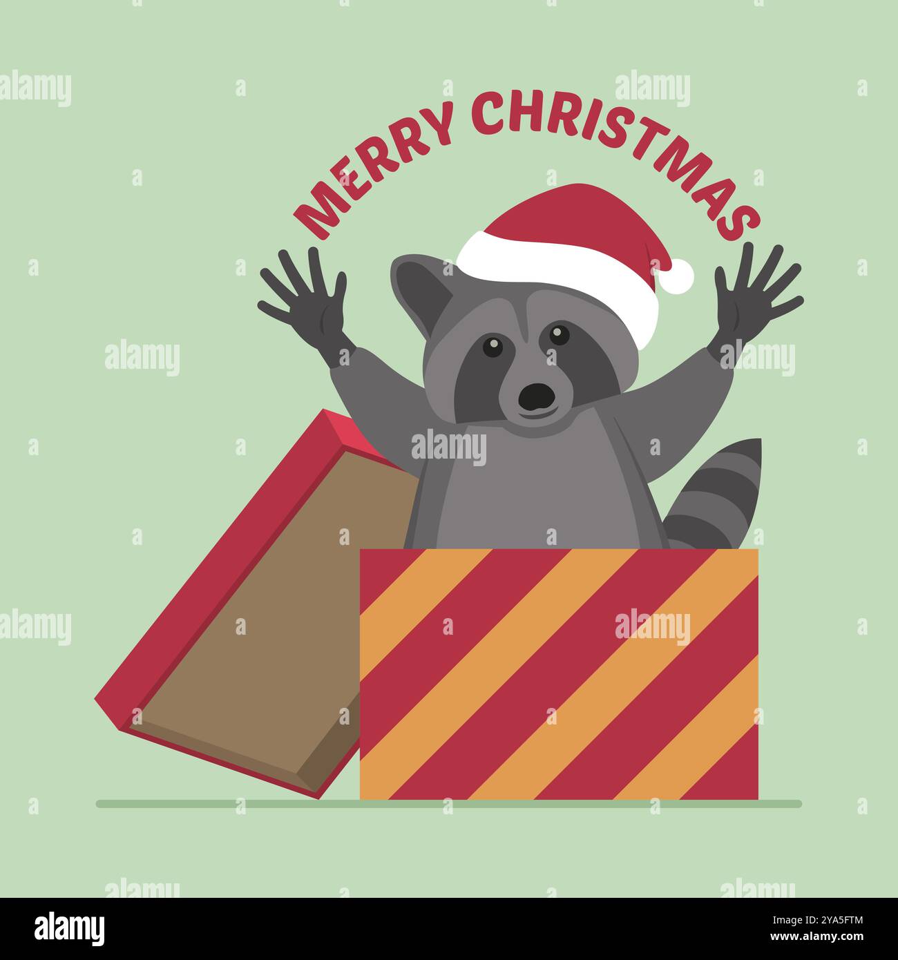Glücklicher Waschbär mit Weihnachtsmann-Hut, der aus einer Kiste kommt und frohe Weihnachten wünscht, isoliert Stock Vektor