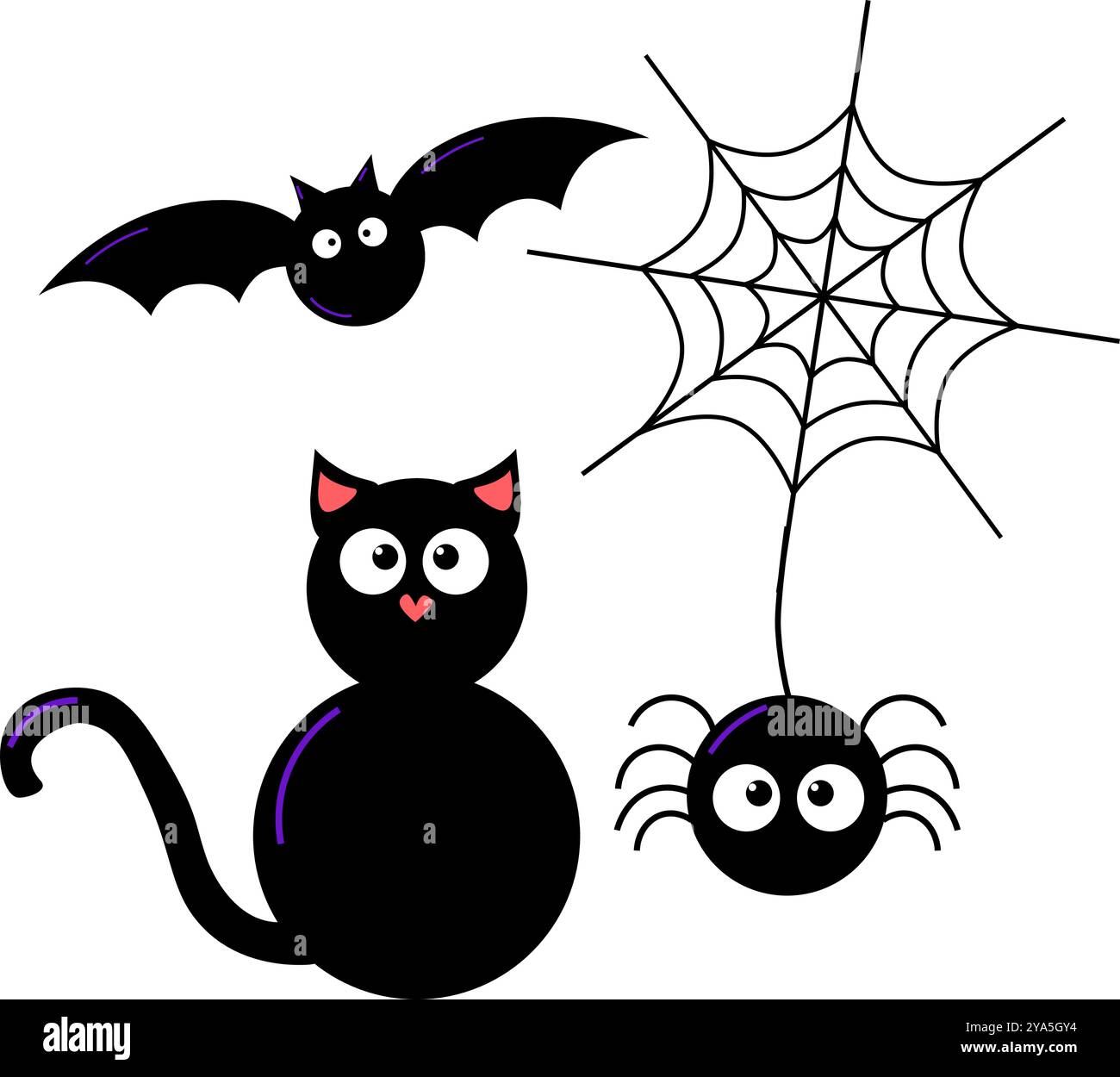 Gruseliges Halloween-Element-Set, Halloween-Feiertagscollage, Vektor-schwarze Katze, Spinne, Web und Fledermaus im Cartoon-Stil Stock Vektor