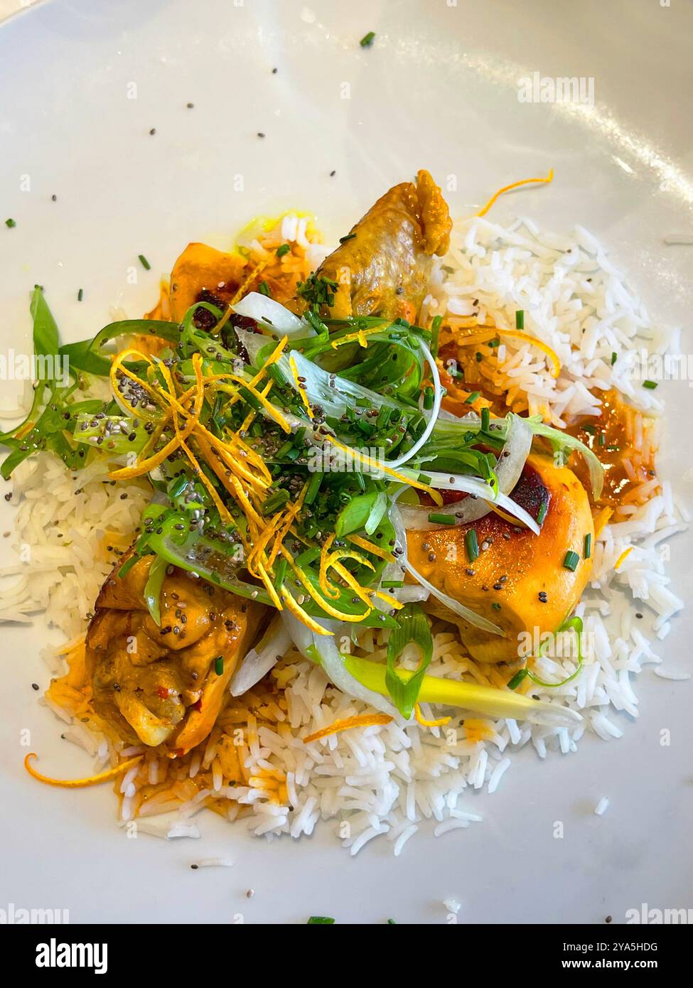 Curry Hähncheneintopf mit Reis und Salat. Stockfoto