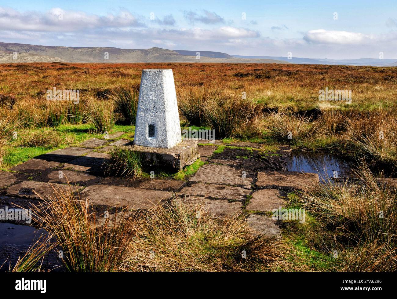 Trig Point on Brown Knoll auf dem Kinder Scout Plateau mit Blick auf Edale Head im Derbyshire Peak Disrtict UK Stockfoto