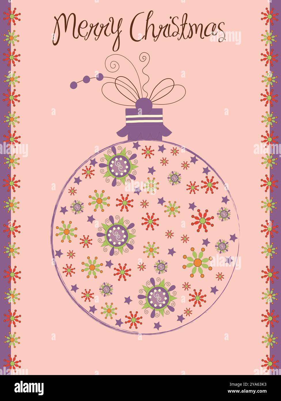 Buntes Ornament mit einer Schleife darüber. Das Ornament ist mit Blumen und Sternen verziert. Der Hintergrund ist rosa und hat ein Blumenmuster. Das Chaos Stock Vektor