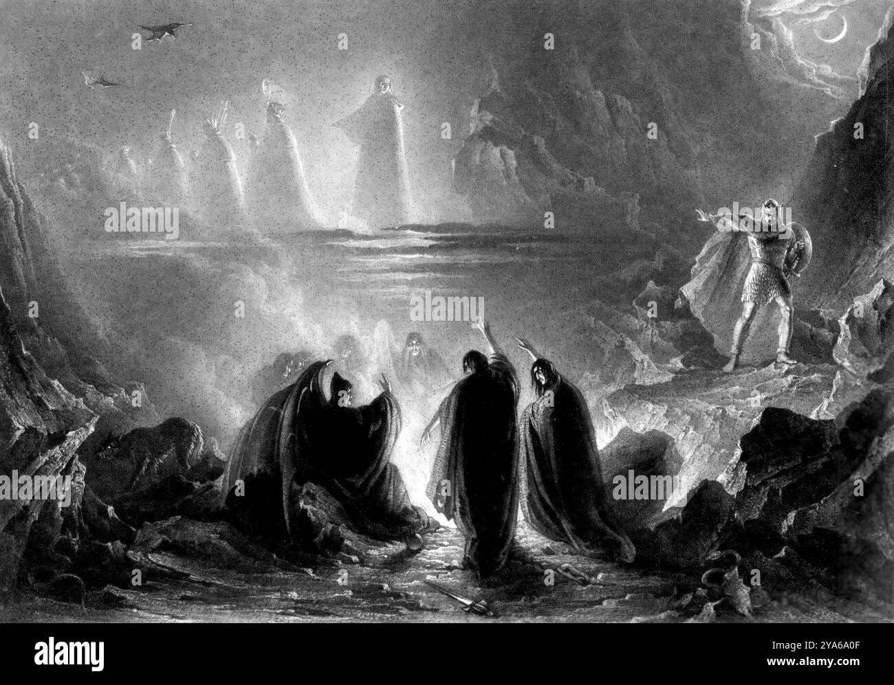 Drei Hexen in Macbeth. Szene aus Macbeth, von William Shakespeare, die Illustration zeigt eine felsige Landschaft mit drei Hexen im Vordergrund und anderen dahinter, die um ein Feuer herum stehen, Macbeth eine Prophezeiung überbringen, ihnen auf einem Felsen rechts gegenüberstehen und sich weigern zu glauben, dass Banquo Vater einer Reihe von Königen sein wird, eine Vision, die im Hintergrund am Himmel zu sehen ist. Illustration von James Henry Dixon, 1831 Stockfoto