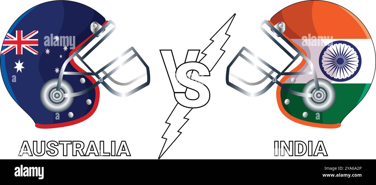 3D-Illustration von australischen und indischen Flaggen auf Crickethelmen für versus Match mit transparentem Hintergrund Stock Vektor
