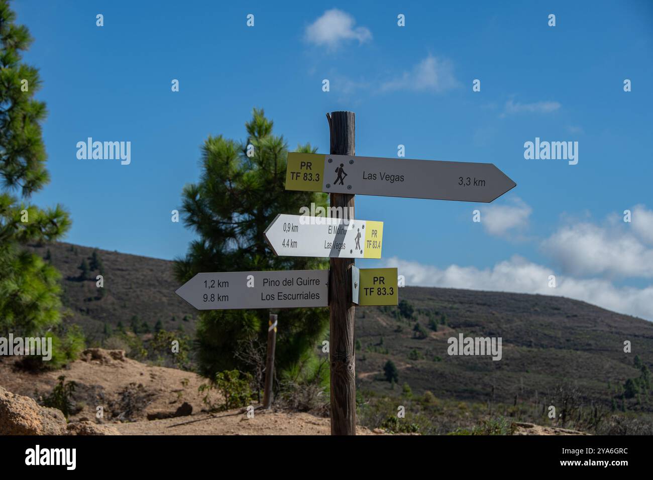 Wanderwegsschilder mit Standortinformationen auf der Kanarischen Insel Teneriffa Stockfoto