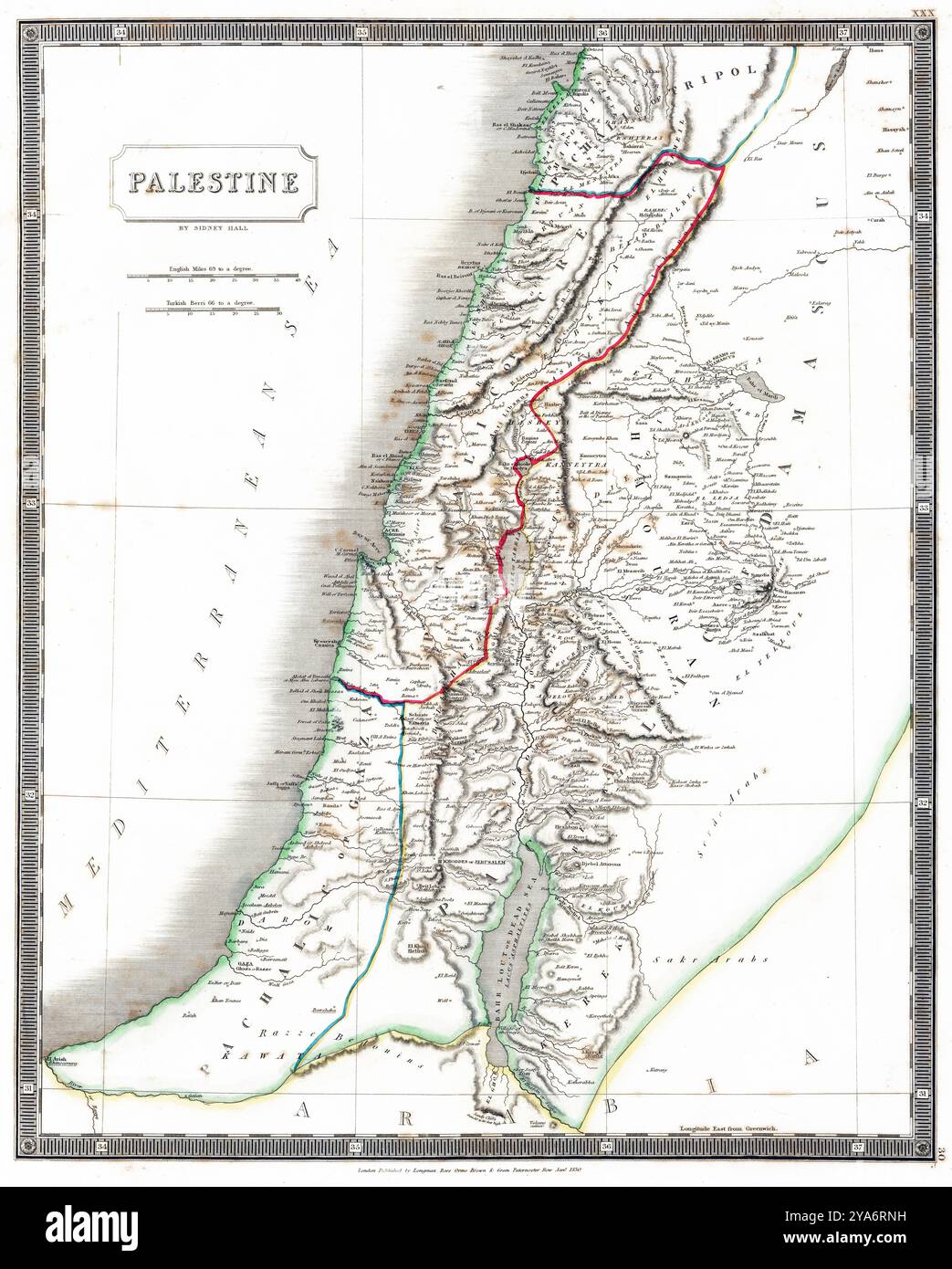 Sidney Hall 1830 Karte von Palästina mit osmanischen Divisionen Stockfoto