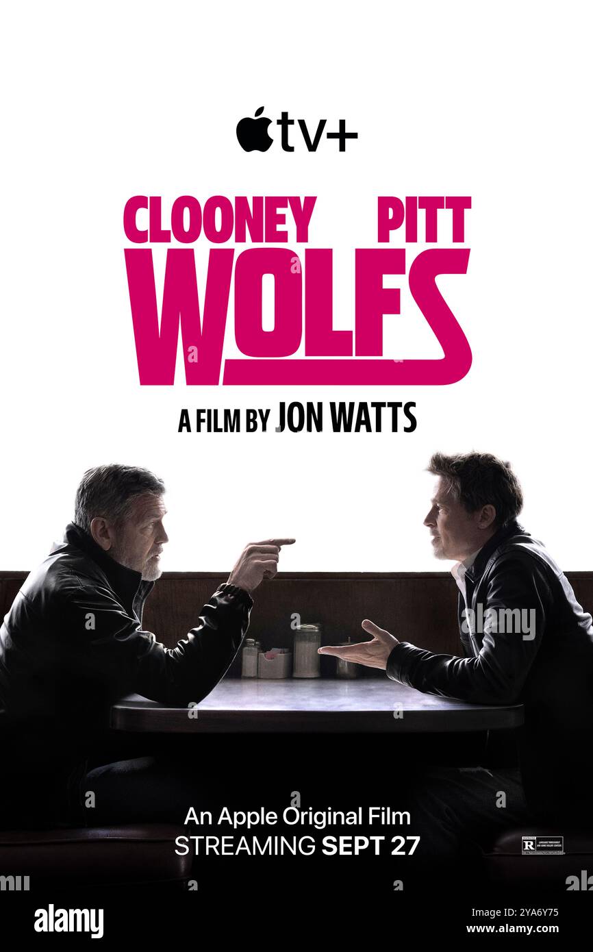 Wolfs (2024) von Jon Watts mit George Clooney, Brad Pitt und Amy Ryan. Zwei rivalisierende Fixer kreuzen ihre Wege, wenn sie beide herangerufen werden, um den Fehltritt eines prominenten New Yorker Beamten zu vertuschen und ihre kleinen Missstände und Egos beiseite zu legen, um den Job zu beenden. Werbeplakat ***NUR REDAKTIONELLE VERWENDUNG***. Kredit: BFA / Apple TV+ Stockfoto
