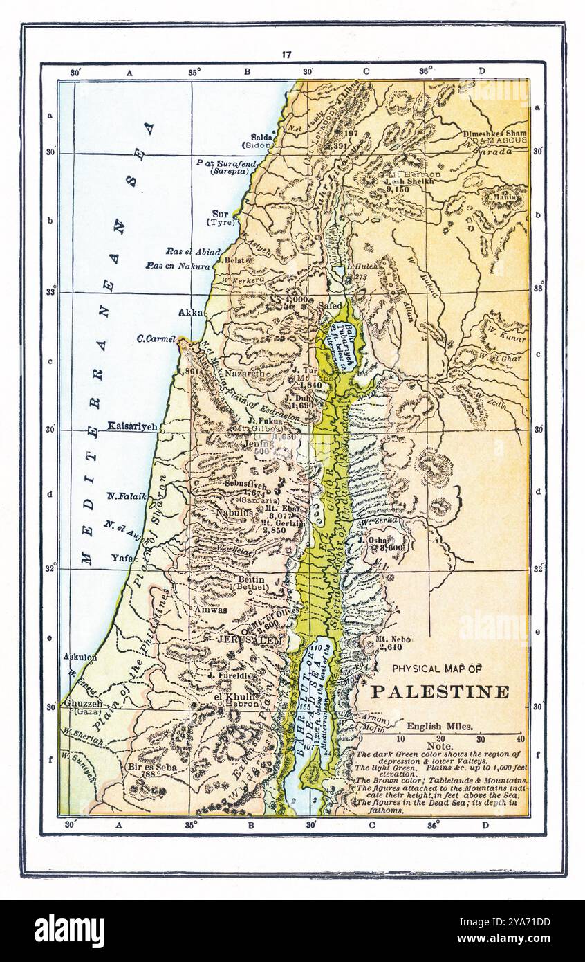 Physische Karte von Palästina, um 1940 Stockfoto
