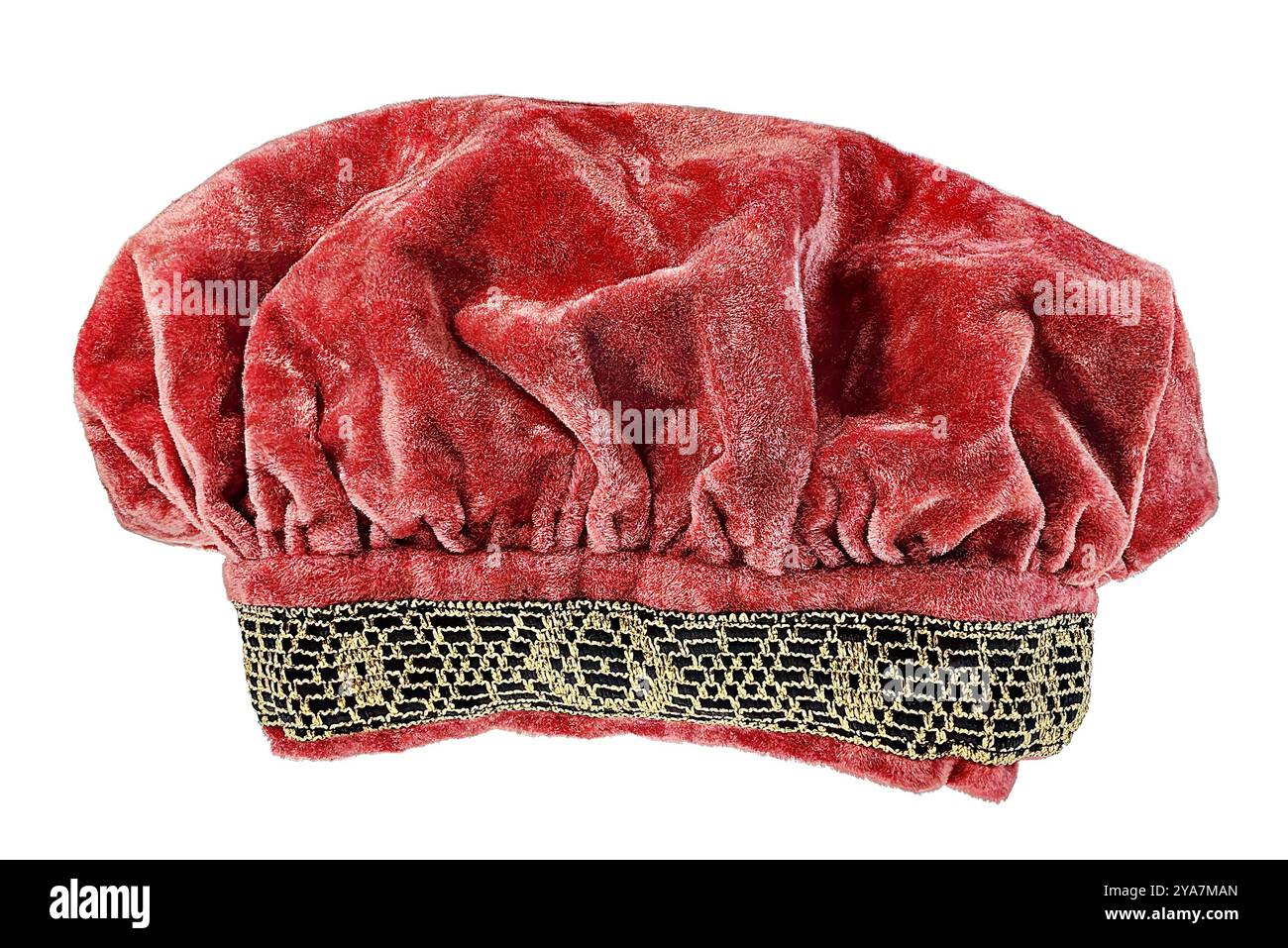 Ein roter mittelalterlicher Hut mit goldenem und schwarzem Besatz Stockfoto