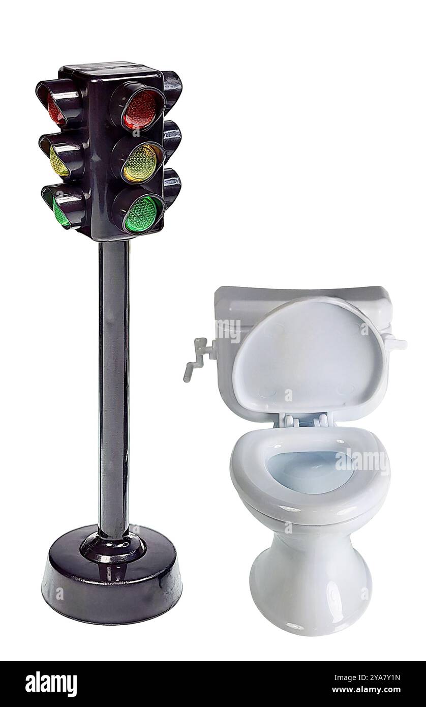 Ampel und schlichte weiße Toilette von vorne gesehen, um langanhaltende Magenprobleme zu zeigen Stockfoto