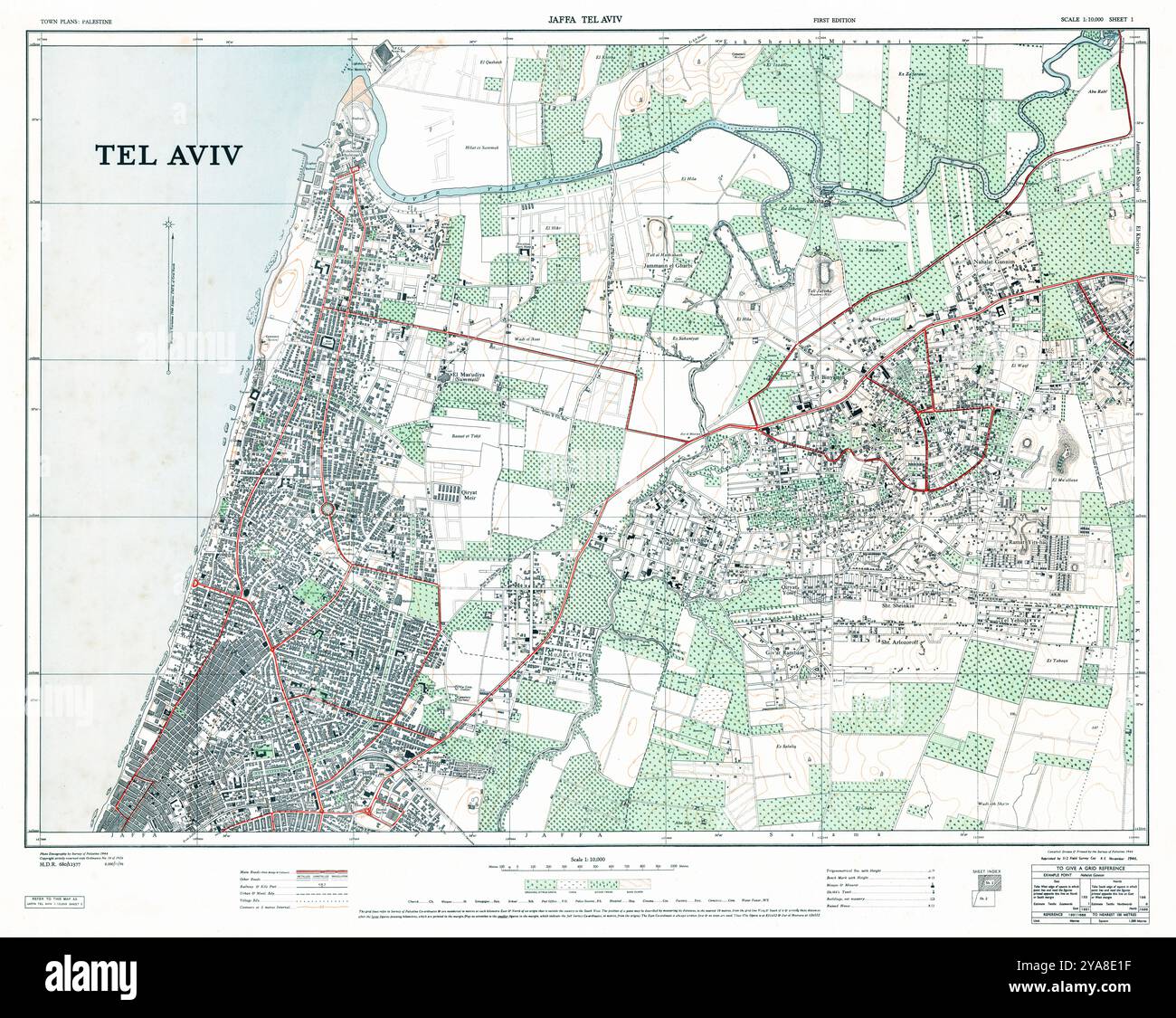 Jaffa Tel Aviv. Zusammengestellt, gezeichnet und gedruckt von The Survey of Palestine, First Edition, Blatt 1, englische Sprache, Maßstab 1-10.000 Stockfoto