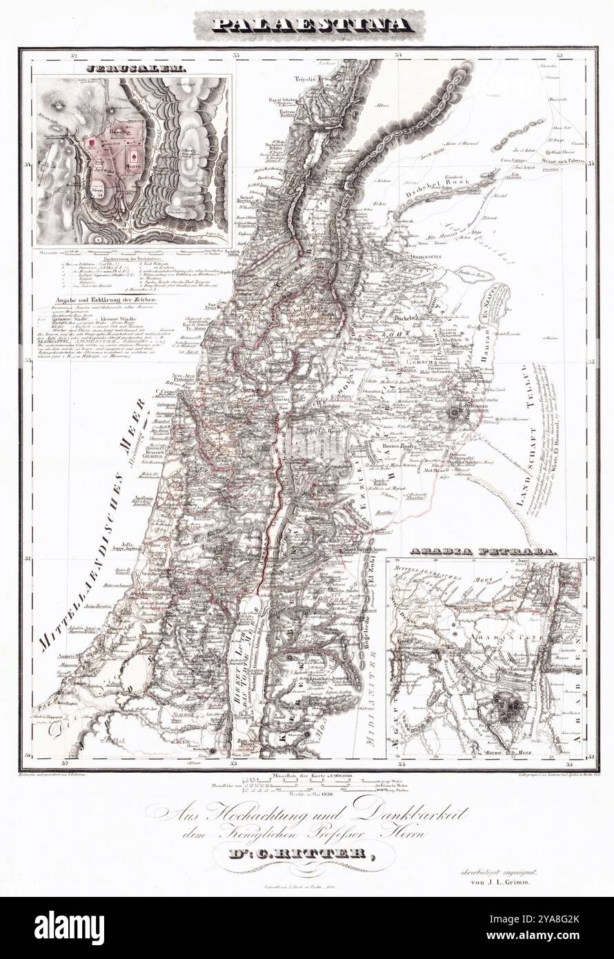 Carl Ritter' Karte von Palästina, 1830 - Autor Heinrich Kiepert - Maßstab 1-900.000 - Einfügung mit Arabien Stockfoto