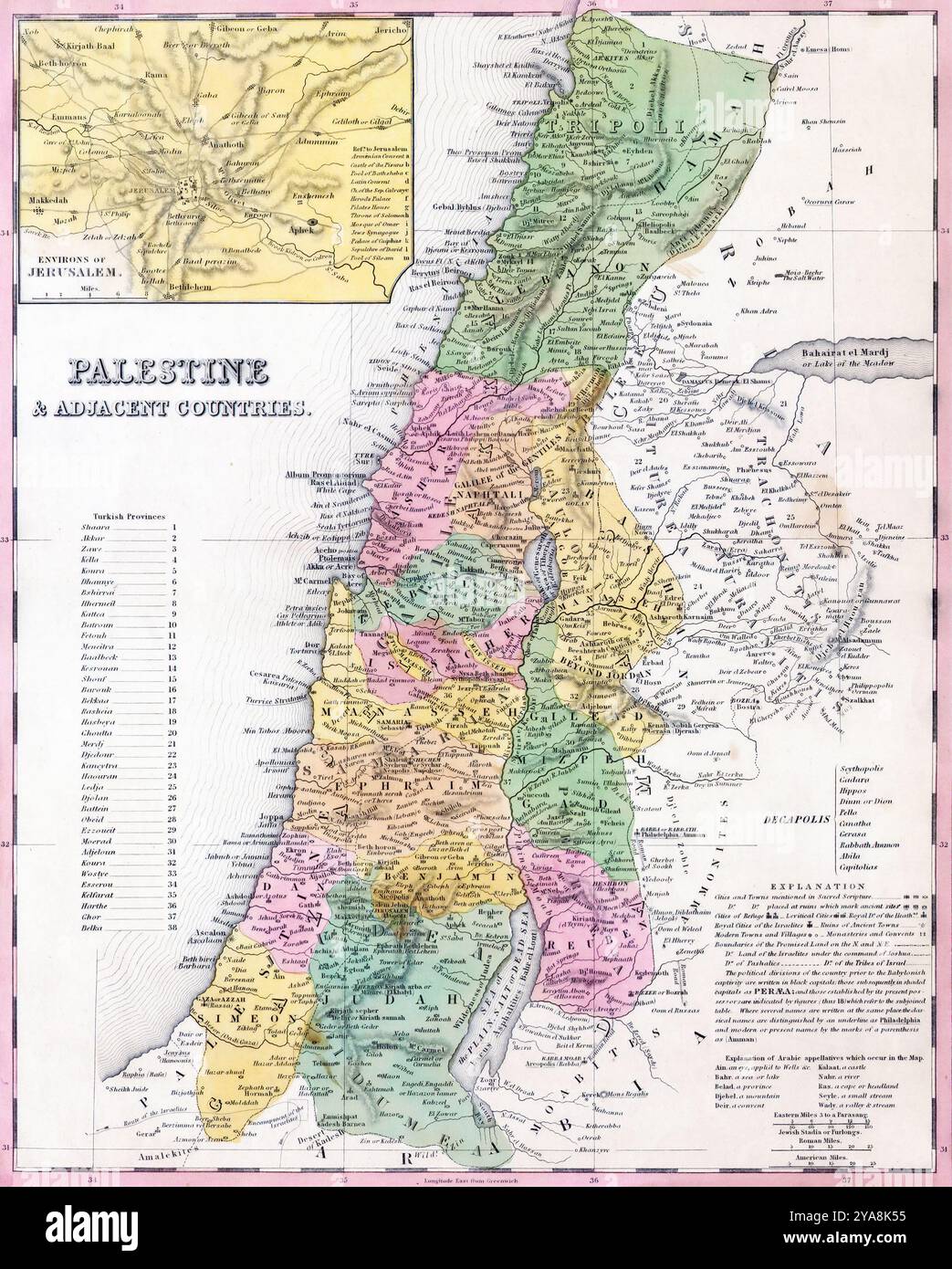 1836 Tanner Map of Palestine - Israel - Holy Land - S. A. Mitchell Karte, die Palästina, Israel oder das Heilige Land darstellt. Umfasst von Gaza-Norden bis zum heutigen Libanon, eingebettet in Jerusalem Stockfoto 1836 Tanner Map of Palestine - Israel - Holy Land - S. A. Mitchell Karte, die Palästina, Israel oder das Heilige Land darstellt. Umfasst von Gaza-Norden bis zum heutigen Libanon, eingebettet in Jerusalem Stockfoto