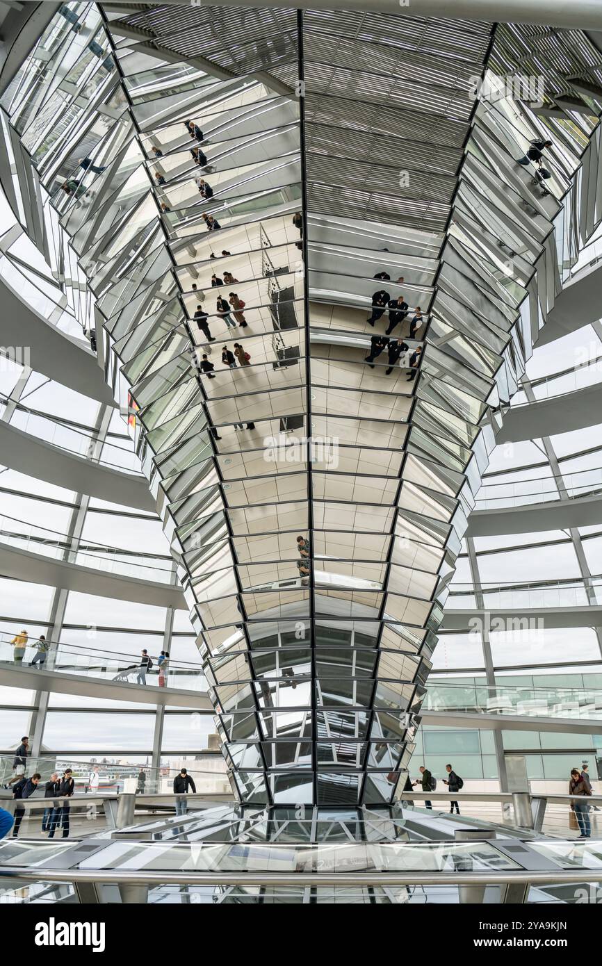 Reichstagskuppel – ist eine Glaskuppel, die auf einem überdachten, wiederaufgebauten Reichstagsgebäude in Berlin errichtet wurde. Sitz des Bundestages. Stockfoto