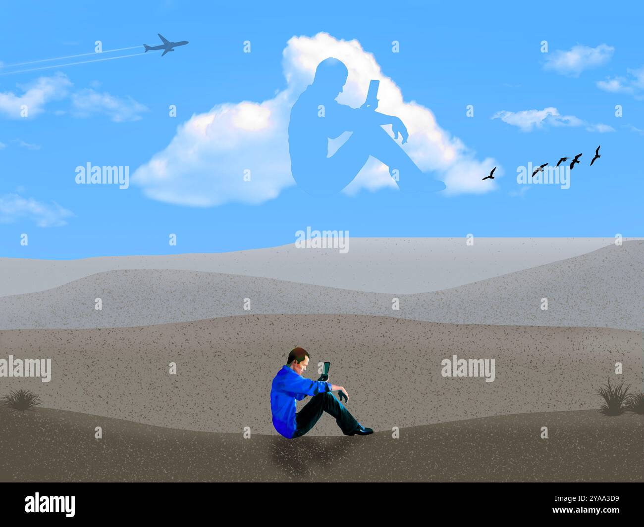 Die Speicherung digitaler Informationen in der Cloud ist das Thema dieser 3D-Illustration, in der ein Bild eines Mannes auf seinem Handy in das Bild einer Wolke wiedergegeben wird Stockfoto