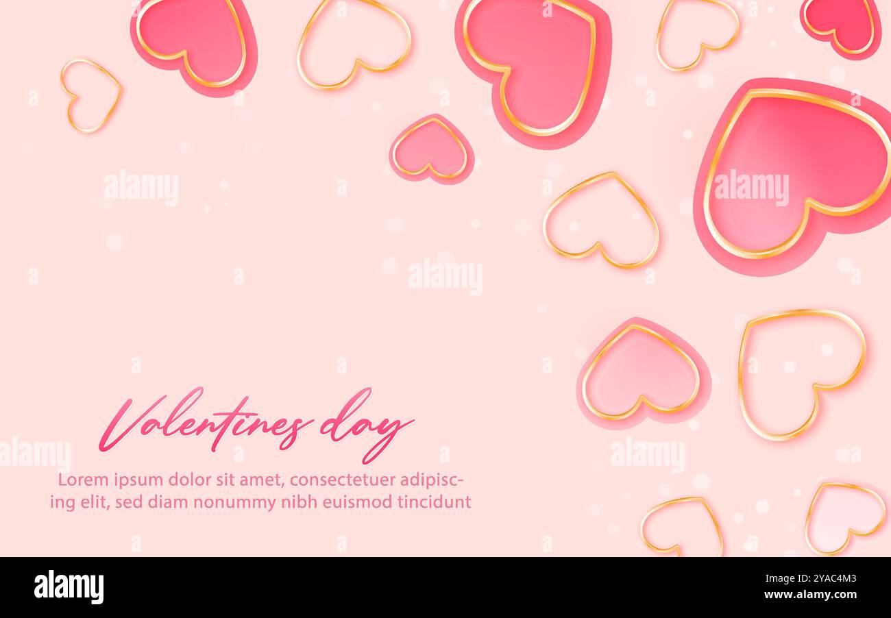 Valentinstag Hintergrund und Banner Design mit rosa und goldenen Herzen auf hellrosa Hintergrund Stock Vektor