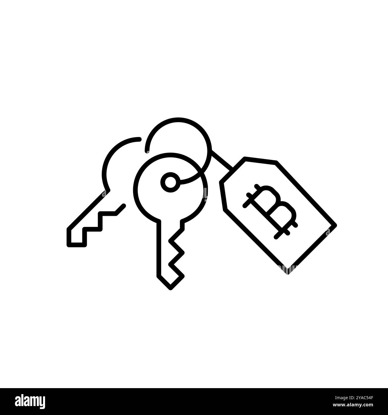 Schlüsselpaket und Bitcoin-Tag. Blockchain-gestützte Transaktionen zu Hause. Krypto-fähiger Immobilienmarkt. Pixelperfektes, bearbeitbares Konturvektorsymbol Stock Vektor