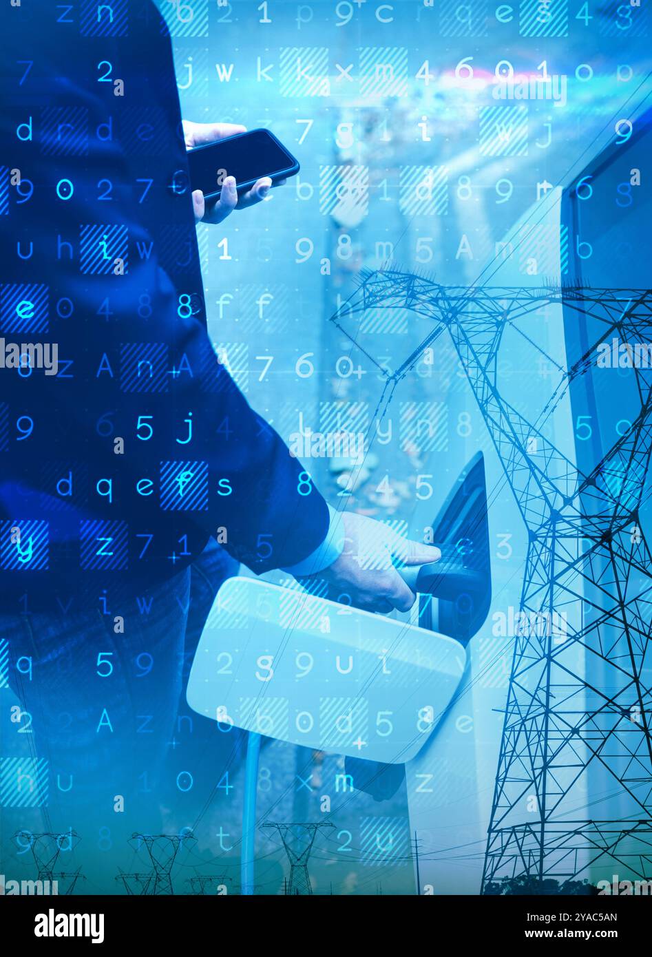 Virus Hintergrund gegen den Abend Strom pylon Silhouette Stockfoto
