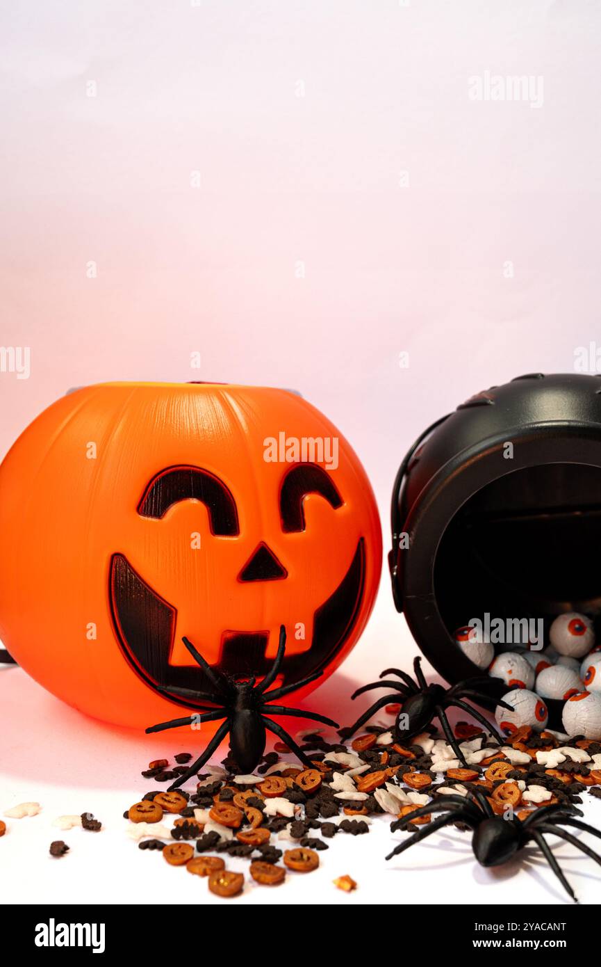 Halloween-Deko mit Kürbis und Spinne. Der Kürbis ist orange und hat ein beängstigendes Gesicht. Die Spinne ist schwarz und liegt auf dem Boden Stockfoto