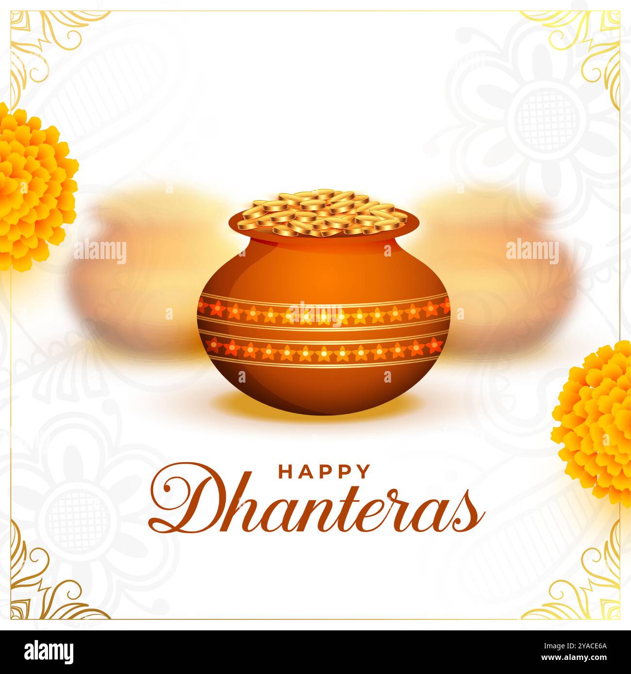 Glückliche Dhanteras wünscht Hintergrund mit goldener Münze Kalasha und diwali Grüße Vektor Stock Vektor