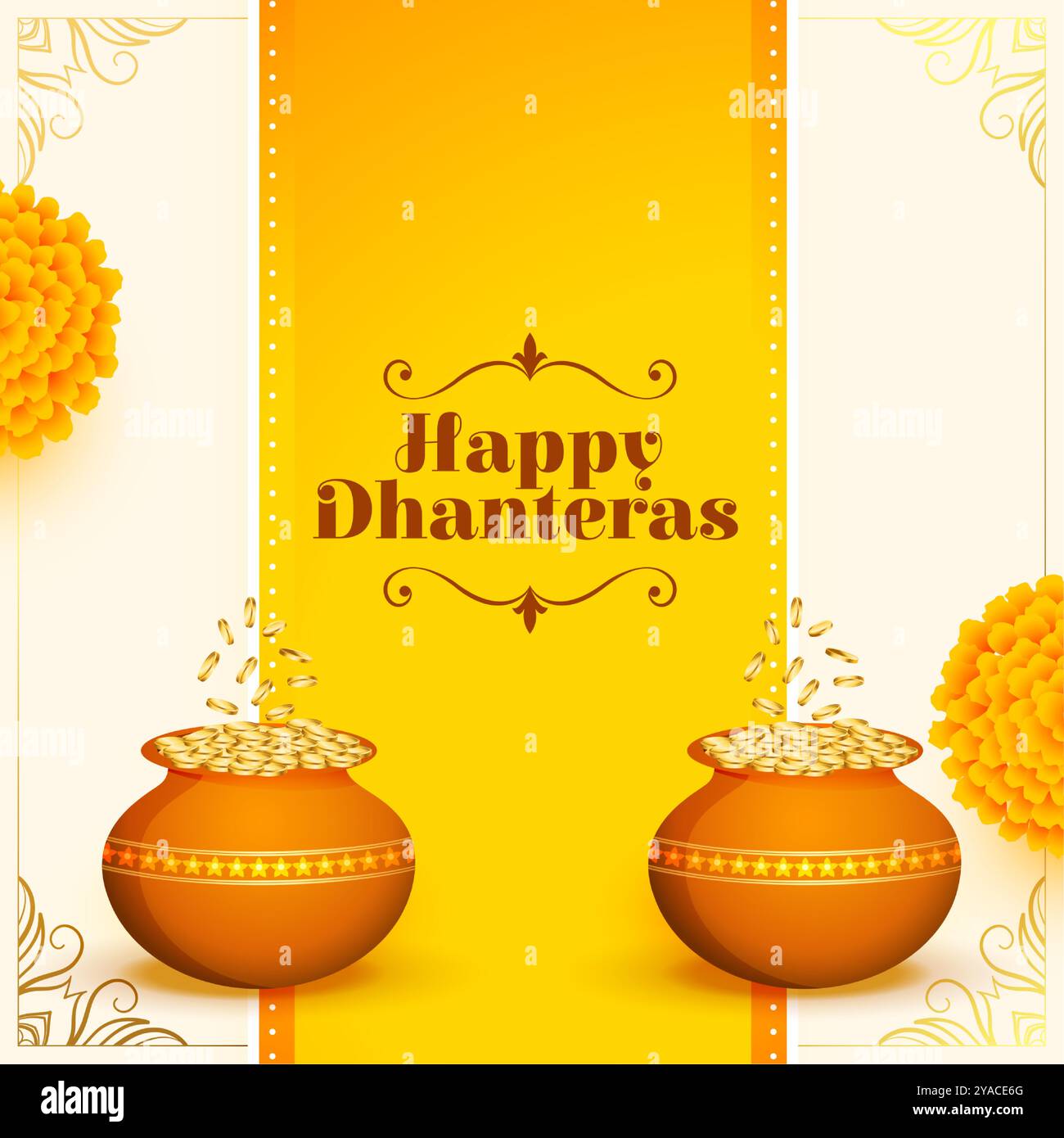 Dekorative indische Festival Dhanteras wünscht Hintergrund mit Münztopf und Ringelblumenvektor Stock Vektor