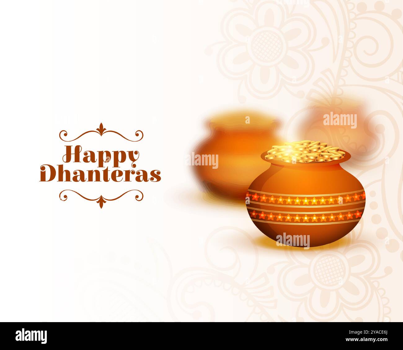 Traditioneller hinduistischer Shubh Dhanteras kultureller Hintergrund mit goldener Münze Kalasha Vektor Stock Vektor