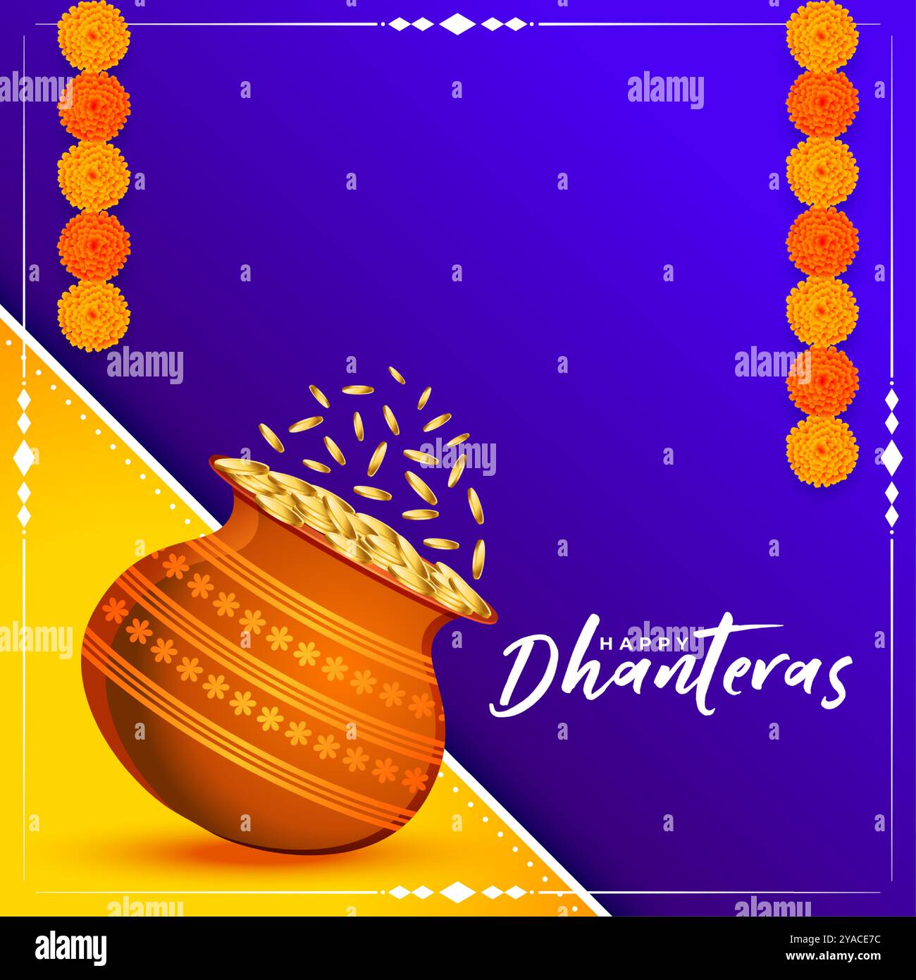 Glückliche Dhanteras-Grußkarte mit goldener Münze Kalasha und Blumendekoration Vektor Stock Vektor