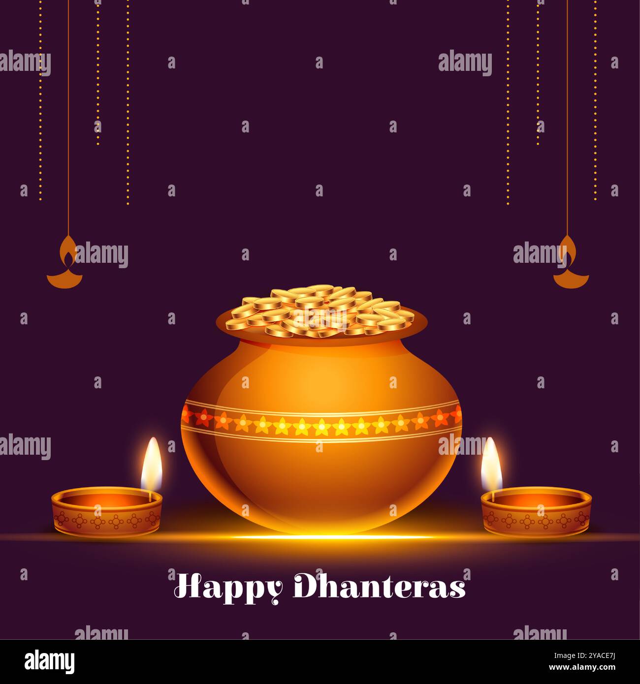 Glückliche Dhanteras religiöse Veranstaltung mit goldenem Münztopf und Öl-Diya-Vektor Stock Vektor