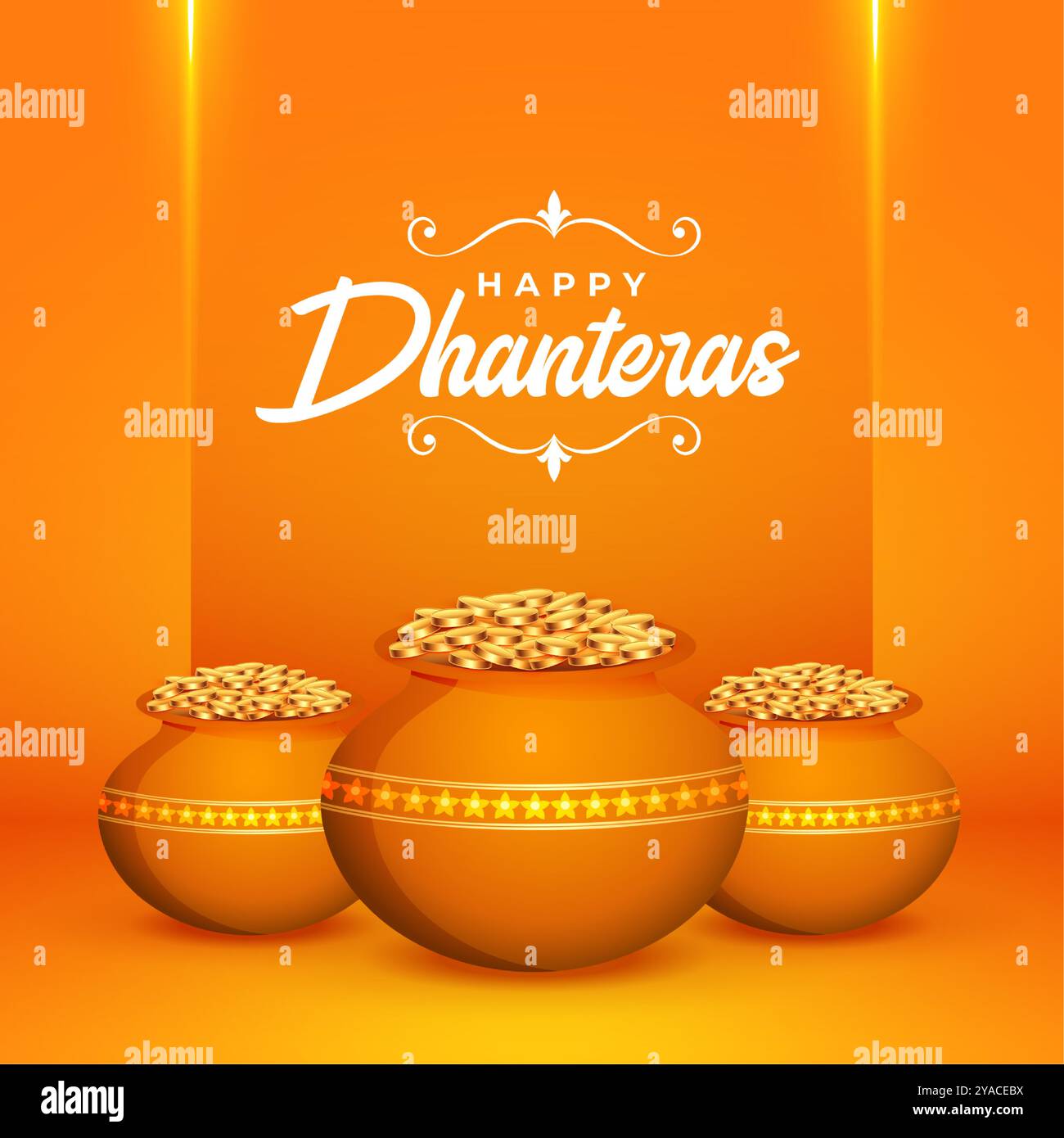 Glückliche Dhanteras wünscht Hintergrund mit goldenem Münztopf und Lichteffekt-Vektor Stock Vektor