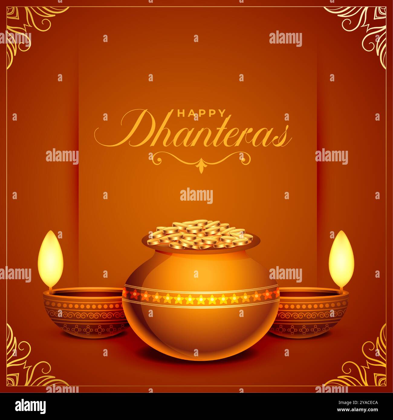 Glückliche Dhanteras Festivalkarte mit goldenem Münztopf und Öl-Diya-Vektor Stock Vektor
