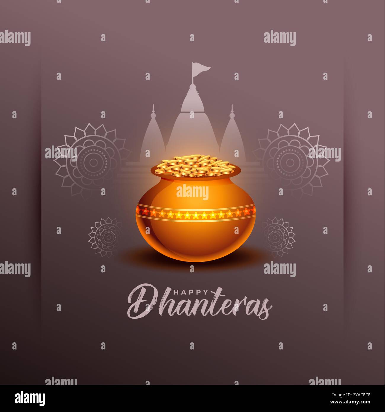 Glücklicher Dhanteras-Feiertagshintergrund mit Tempel und goldenem Münztopf-Vektor Stock Vektor