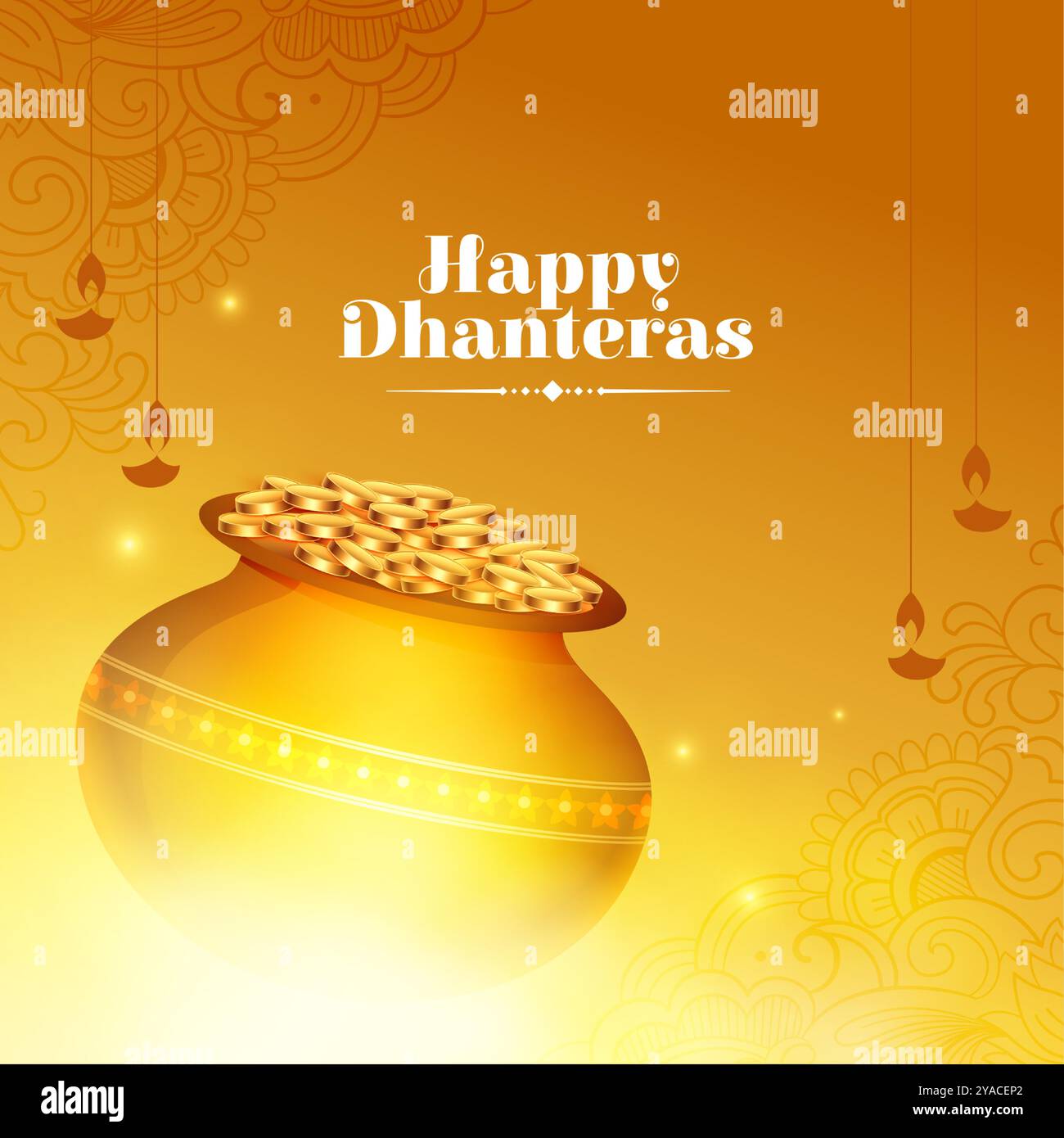 Glückliche Dhanteras wünscht Hintergrund mit goldenem Münztopf und Lichteffekt-Vektor Stock Vektor