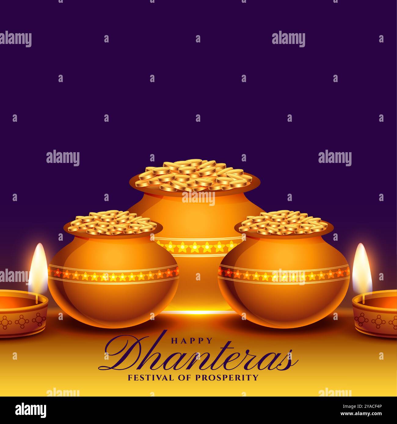 indischer kultureller glücklicher Dhanteras religiöser Hintergrund mit Öllampe und Münztopf Vektor Stock Vektor