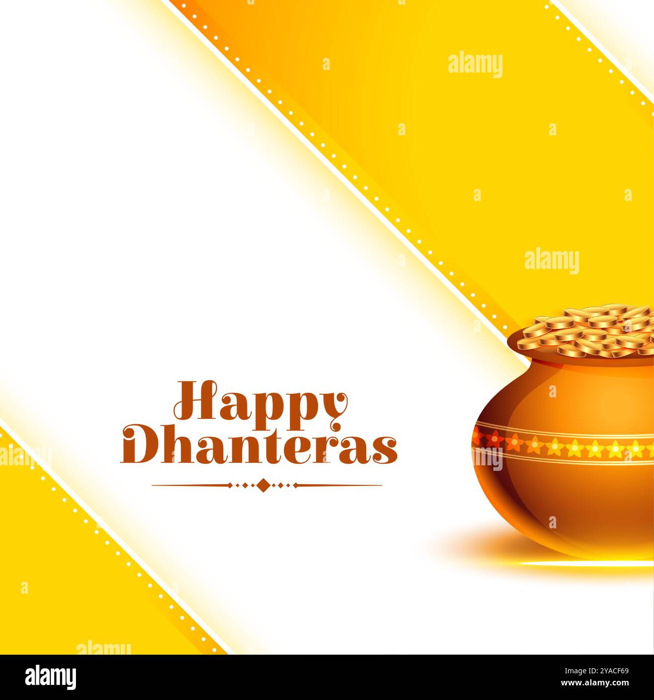 Glückliche Dhanteras Gruß Hintergrund mit goldenen Münze Kalasha Vektor Stock Vektor