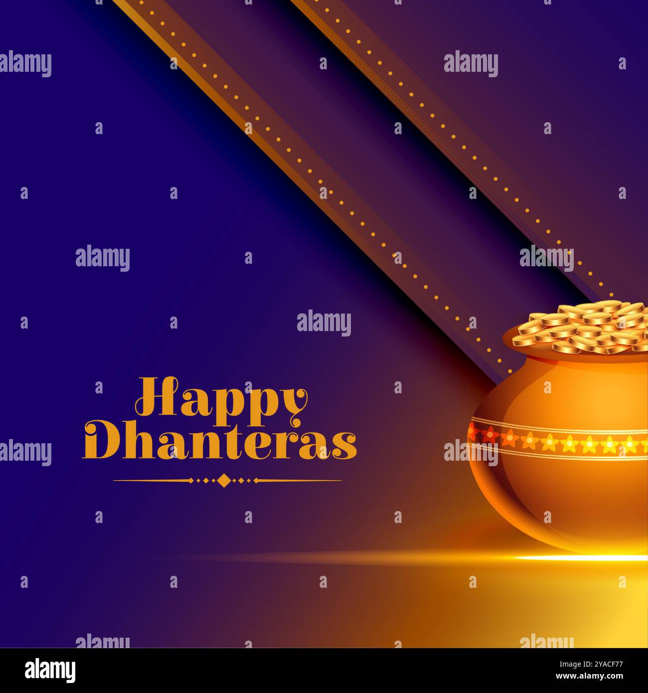 Glücklicher Dhanteras-Ereignis-Hintergrund mit Münztopf und Lichteffekt-Vektor Stock Vektor