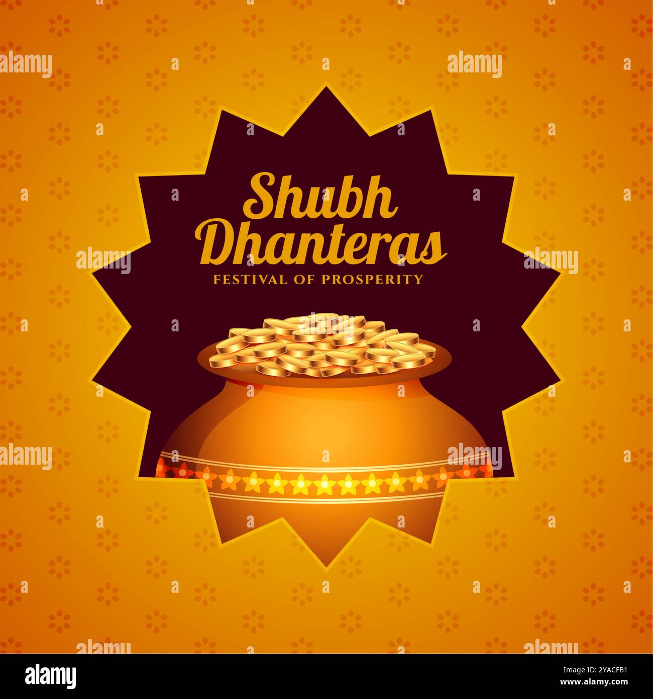 hinduistische religiöse Shubh Dhanteras Grußhintergrund mit goldener Münze Kalasha Vektor Stock Vektor