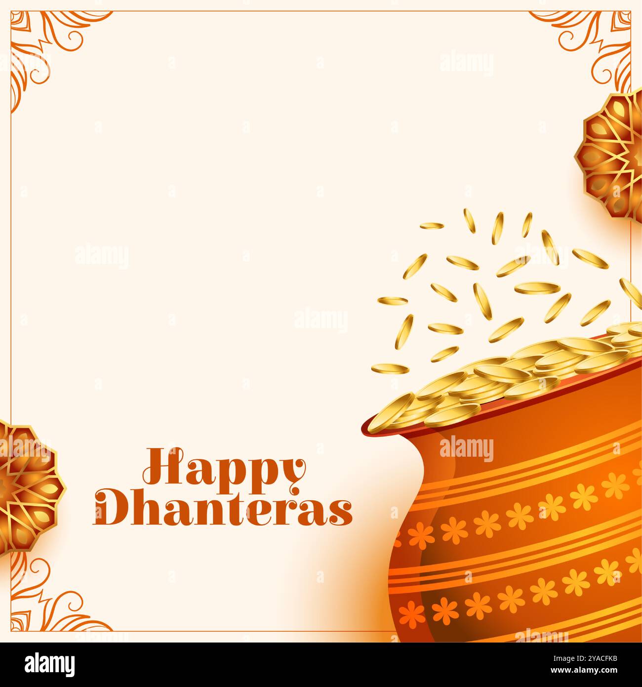 Eleganter glücklicher Dhanteras religiöser Hintergrund mit goldenem Münztopf Vektor Stock Vektor