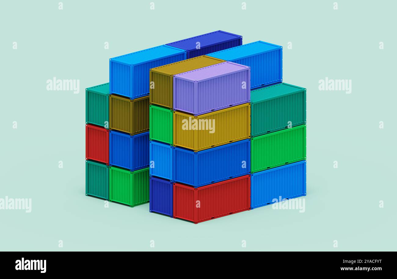 Zwei Reihen von Frachtcontainern mit einem freien Weg zwischen ihnen. Die organisierte Einrichtung und die hellen Farben heben einen effizienten Industriebereich hervor. Stockfoto