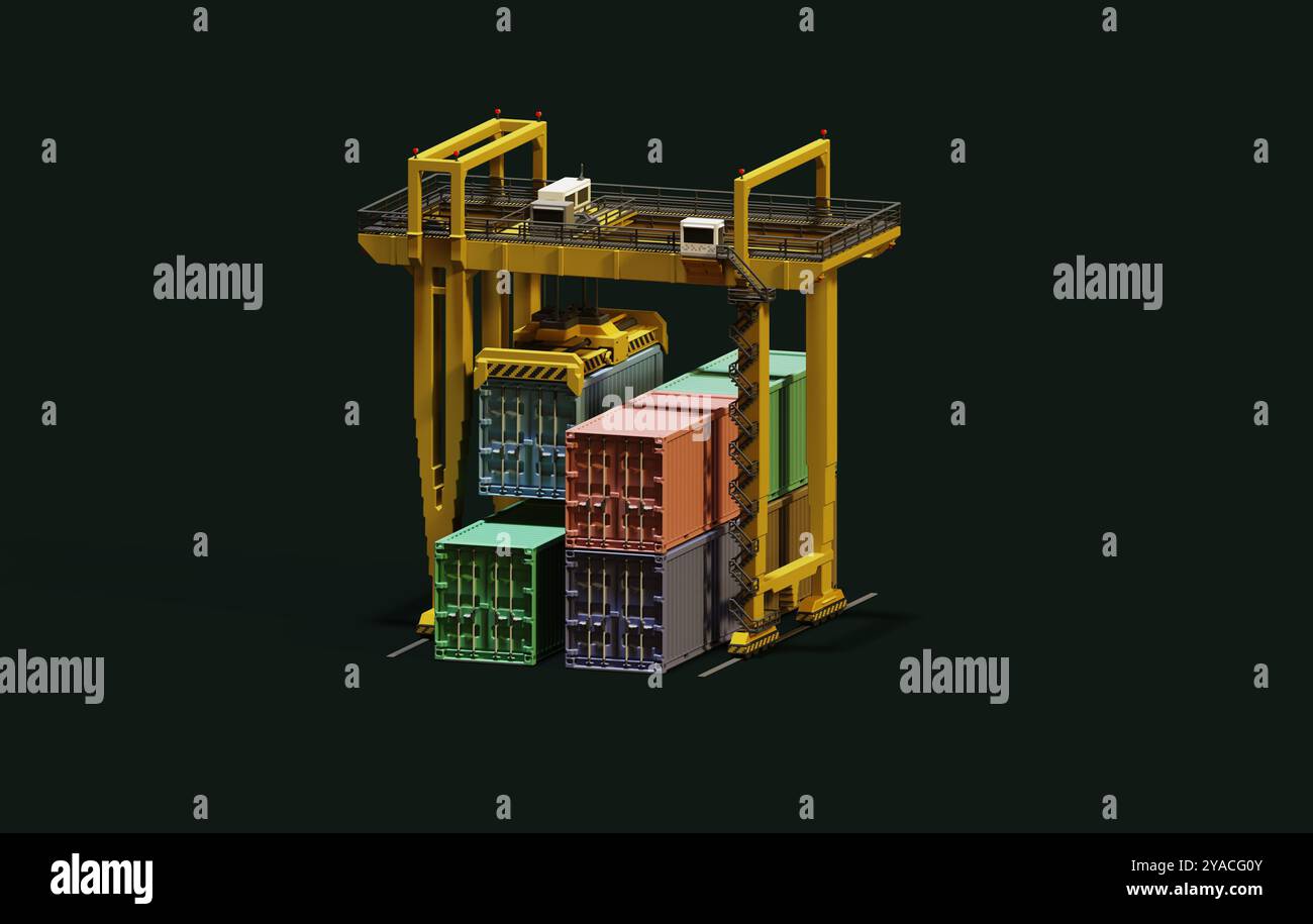 Ein Portalkran hebt einen Versandcontainer hoch über einen Containerhaufen, der gegen eine schwarze Farbe steht. Die Szene wird in einer isometrischen Ansicht dargestellt Stockfoto