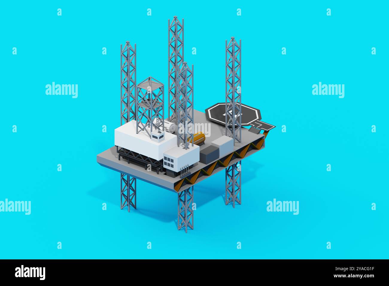 Eine Marine-Plattform mit Hubschrauberlandeplatz. Isometrische 3D-Darstellung einer Offshore-Plattform auf klarem, lebendigem Hintergrund. Stockfoto