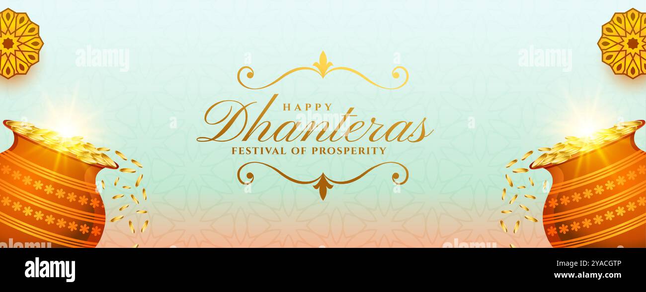 indisches Festival Happy Dhanteras Kulturbanner mit goldenen Münze Kalasha Vektor Stock Vektor