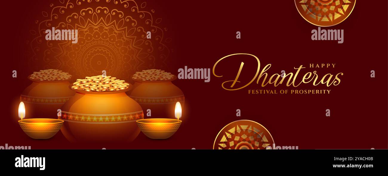 Schöne glückliche Dhanteras Wünsche Banner mit Öllampe und Münztopf Vektor Stock Vektor
