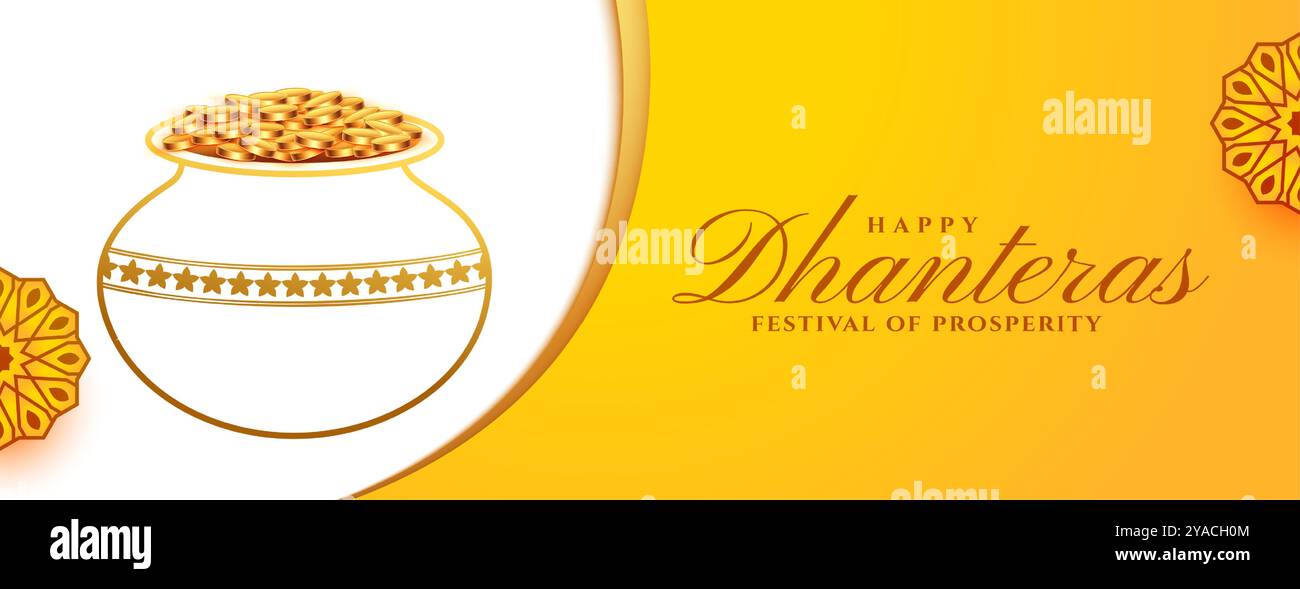 indischer Stil glückliche Dhanteras Begrüßungsplakat mit goldenem Coint Topf Design Vektor Stock Vektor