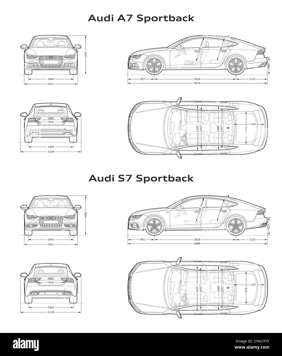 Audi A7 2017 Pkw-Blueprint Stock Vektor