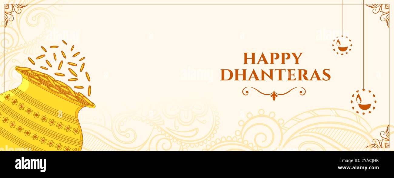 Glückliche Dhanteras-Feiertagsbanner mit goldenem Topf für festliche Dekorationsvektor Stock Vektor