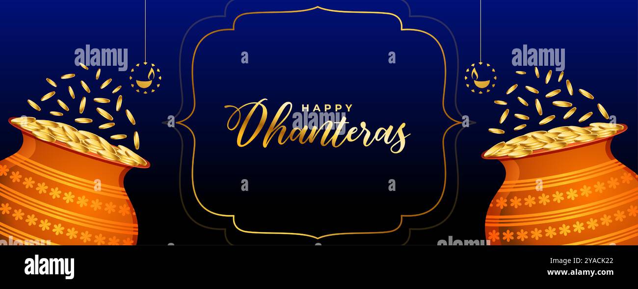hindukulturelle glückliche Dhanteras goldene Münzbanner für Akshaya Tritiya Vektor Stock Vektor