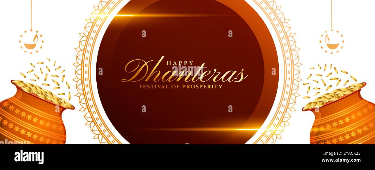 goldener Münztopf für Shubh Dhanteras religiöses Festival Banner Design Vektor Stock Vektor